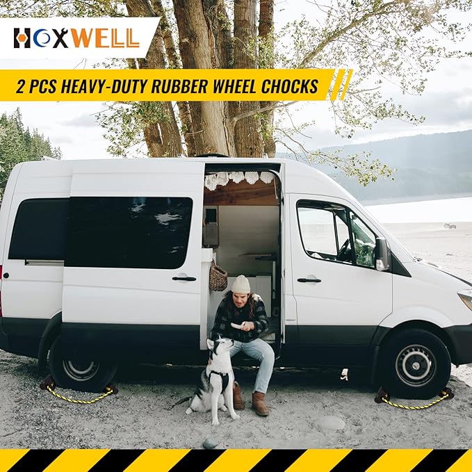HOXWELL 2 Pair Rubber Heavy Duty Dual Wheel Chocks Front and Back, RV Leveling Blocks Non Slip Base with Nylon Rope Yellow Reflective Tape for Travel Trailers, Car, Camper, Truck (4 Pack)