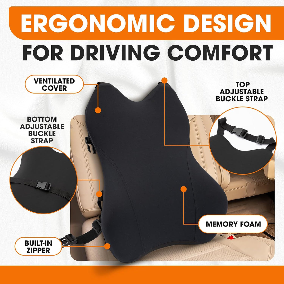 Cheer Collection Lumbar Support Pillow for Car Seat, Memory Foam Lower Back Cushion with Adjustable Straps, Ergonomic Design, Washable Cover