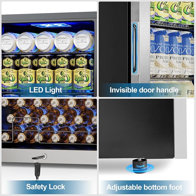 Velivi Mini Beverage Refrigerator 3.2 Cu. Ft Small Fridge 126 Can Lockable Drink Cooler with Glass Door, Safety Lock, For Beer Soda, Silver | Small Fridge 126 Can Lockable Drink Cooler with Glass Door, For Beer Soda, Silver