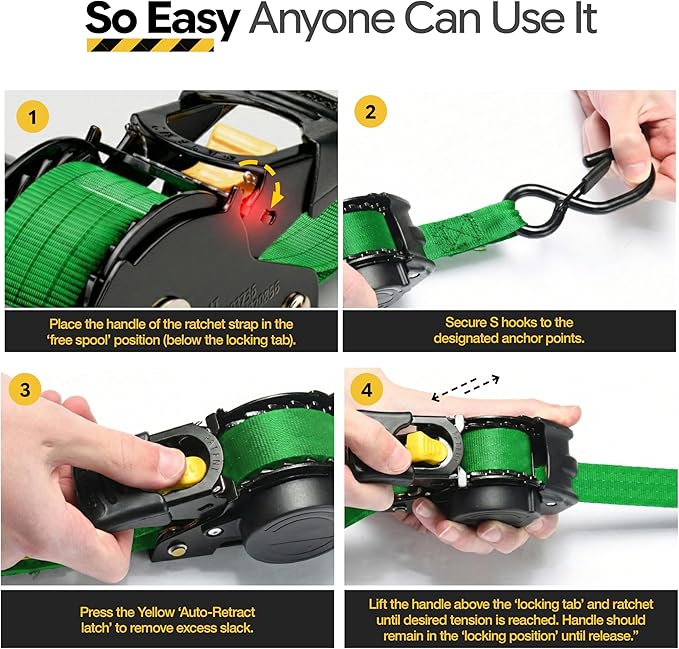 AUGO Retractable Ratchet Straps | 2 Heavy Duty Ratchet Straps Self Retractable Tie Downs with Soft Loops & Storage Bag for Motorcycle, Truck, Trailer, Cargo Van | 3000 Lb Break Strength 2” x 10’