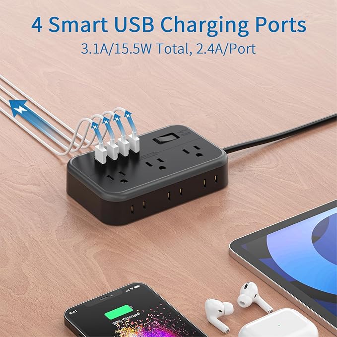 NTONPOWER 6 Widely Spaced Outlet(2 Side) Power Strip with 4 USB Ports, Extension Cord 15 Ft