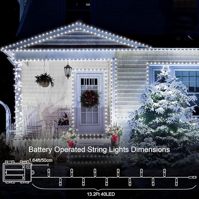 echosari 2 Pack Battery Operated String Lights, 13.2Ft 40 LED Green Wire Fairy String Lights, Waterproof Fairy Lights for Xmas Tree Wreaths Garden Wedding Party Decor (Cool White)
