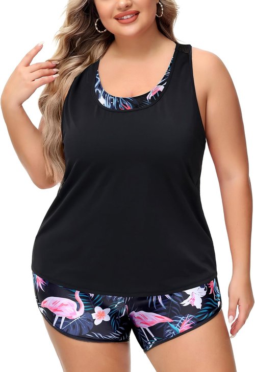 NIeyook Plus Size 3-Piece Tankini Swimsuit Set - Athletic Bathing Suit with Boy Shorts & Sports Bra