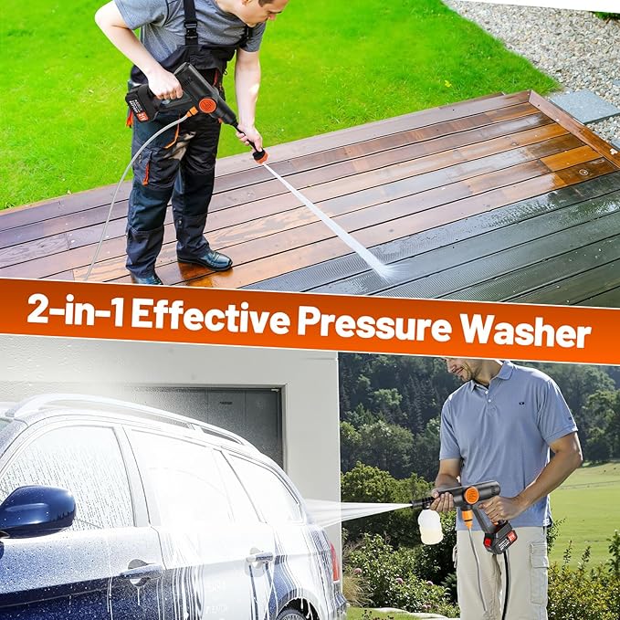 Portable Pressure Washer, Cordless Power Washer Battery Powered, Handheld Car Washer with 6-in-1 Nozzle,17FT Drain Hose, Power Cleaner for Patio Floor Fence Deck Indoor