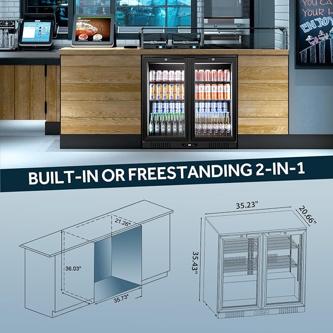Back Bar Cooler 2 Door 216 Can Black | built-in/free, fast cool, temp memory, 2 locks, LED, low-e glass