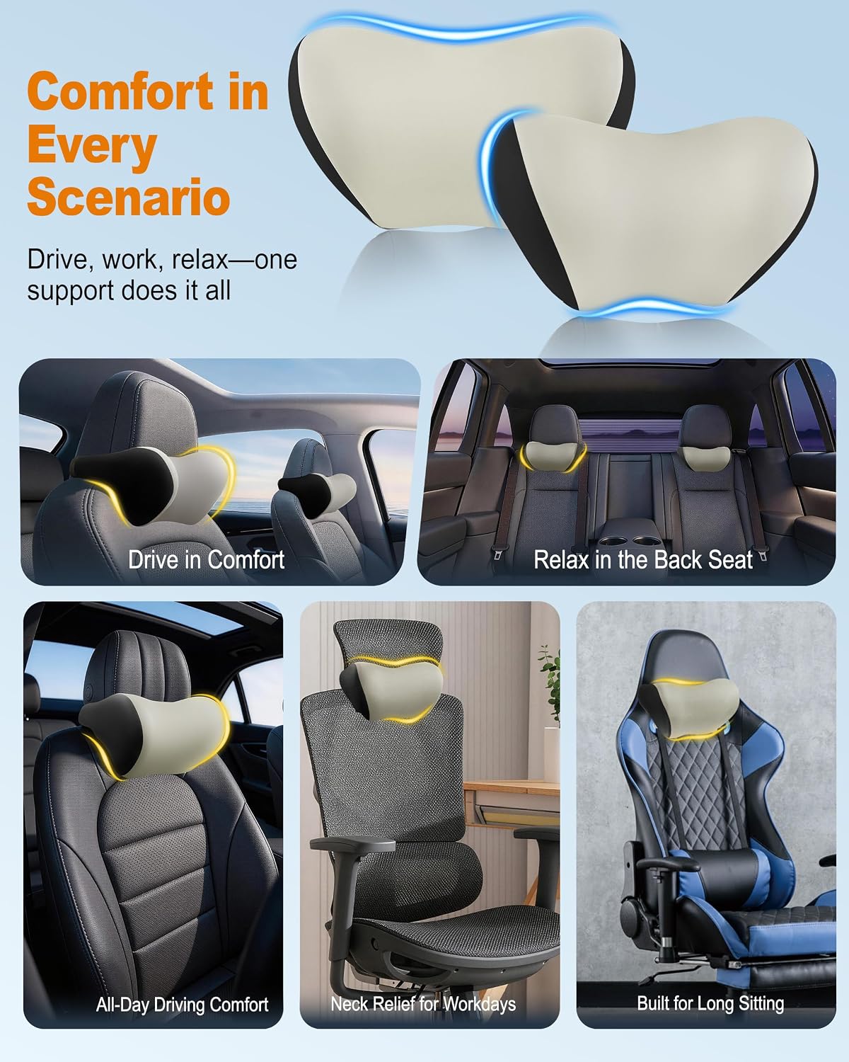 Allaboutsla 2-Pack Car Neck Pillow, Car Headrest Pillow for Neck Support | Memory Foam Car Neck Pillow for Driving with Neck Support, Adjustable Strap, Head Rest Pillow for Long Drives, Trucks, Beige