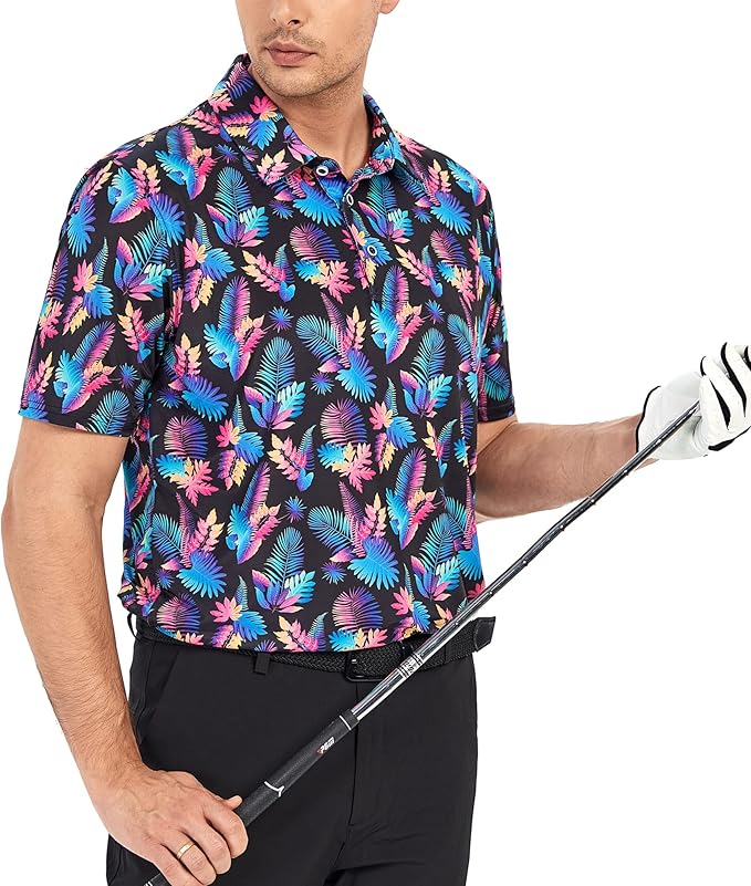 Esabel.C Golf Shirts for Men Dry Fit Performance Short Sleeve Print Moisture Wicking Collared Shirt