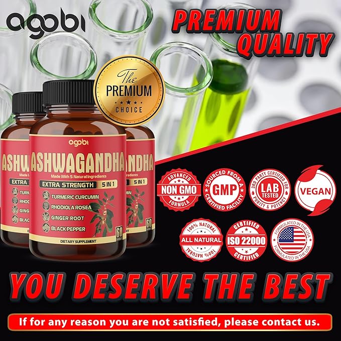 3 Packs 60 Capsules - Ashwagandha Supplement 5200mg - 5in1 with Ginger, Turmeric, Rhodiola Rosea & Black Pepper - Stamina & Body Health Support - 6-Month Supply