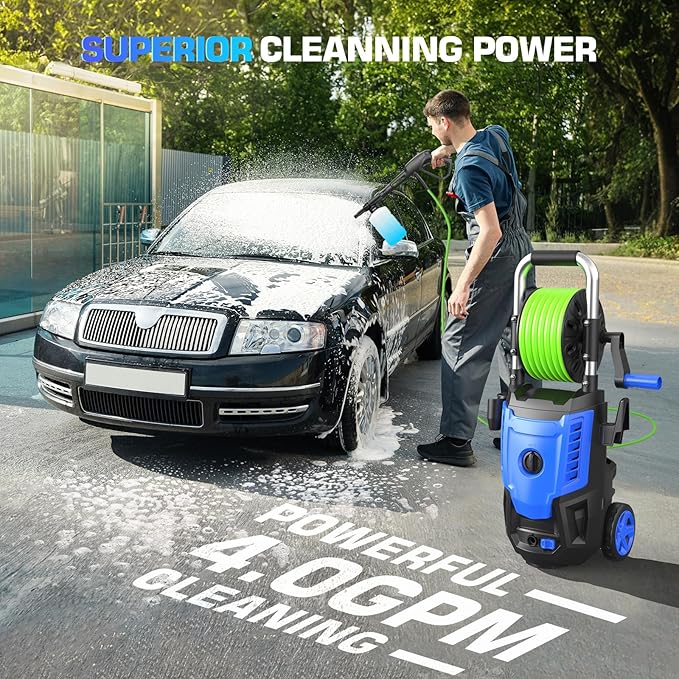 4800 PSI Electric Pressure Washer- 4.0 GPM High Power Washer with 33FT Hose Reel, 4 Spray Tips and Soap Bottle for Car Washing, Fence Cleaning, Patio Maintenance（Upgraded）(Blue)