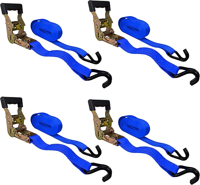 HFS(R) 4PC 1-1/2" x 15 ft Heavy Duty Ratchet Cargo Tie Down Straps 3000lbs Dual J-Hooks (Blue)