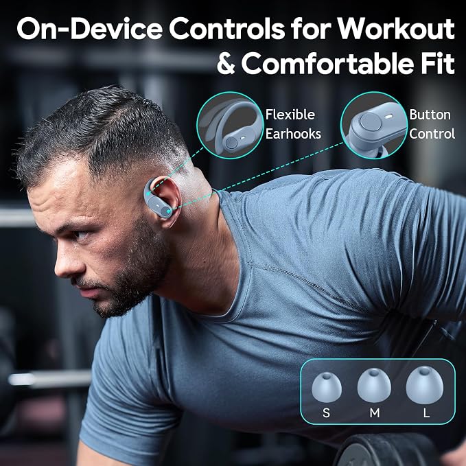 Active Noise Cancelling Ear Buds Wireless Earbuds 80H Playtime Bluetooth Headphones with LED Display Case, Hi-Res Audio Clear Calls Earphones with Over Ear Hooks for Running Gym Workout Sierra Blue