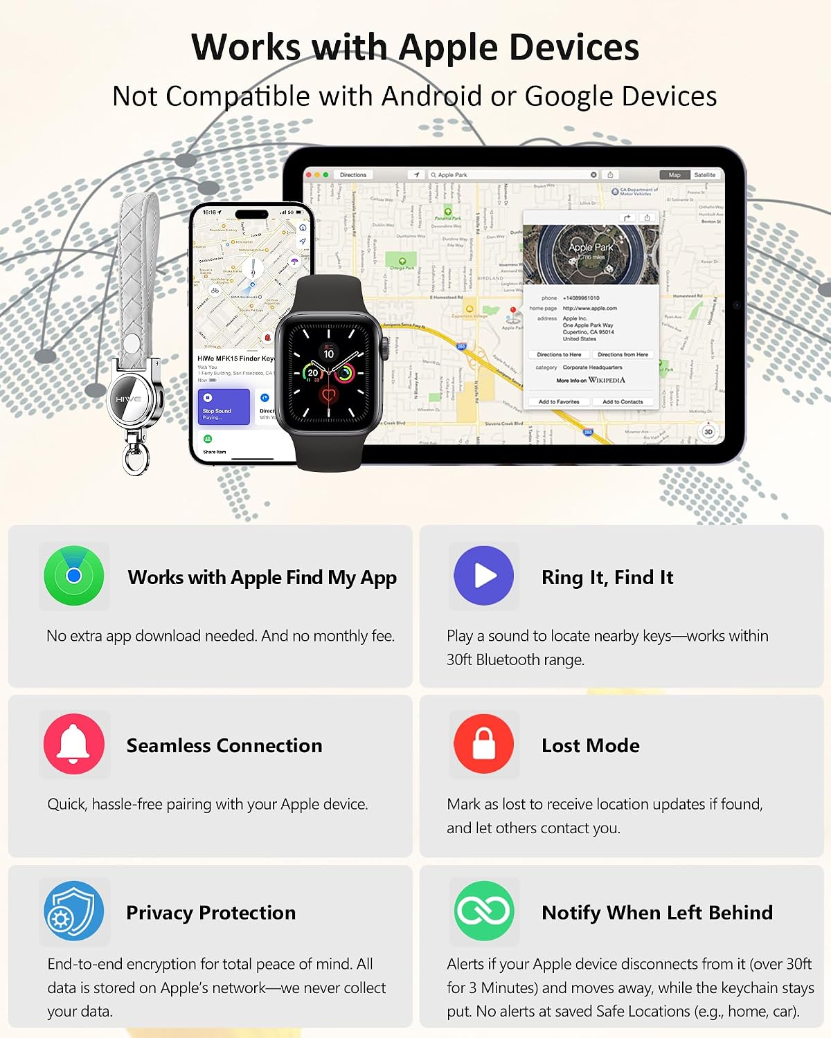 HiWe Anti-Lost Keychain, Works with Apple Find My, Carabiner Car Key Holder with Texture Leather Strap, Bluetooth Key Finder Tracker, USB-C Rechargeable, White