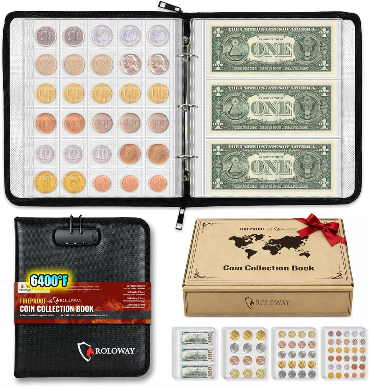 ROLOWAY Coin Collection Book 6400℉ Heat Insulated, 346 Pockets Fireproof Coin Book Holder and 36 Paper Currency Album with Aluminum Foil Layer, Money Saving Coin Collector Book with Lock (Black)