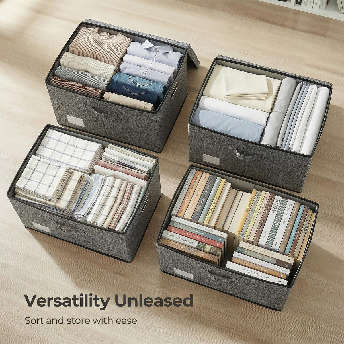 PRANDOM Storage Bins with Lids [3-Pack] Linen Fabric Foldable Storage Boxes Organizer Containers Baskets Cube with Cover for Bedroom Closet Office Grey(23.4X15.9X11.4)