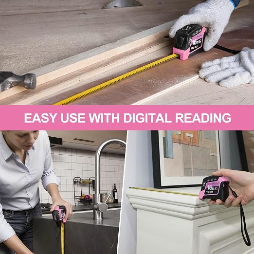 PREXISO 2-in-1 Digital Tape Measure - 16Ft Pink Digital Measuring Tape