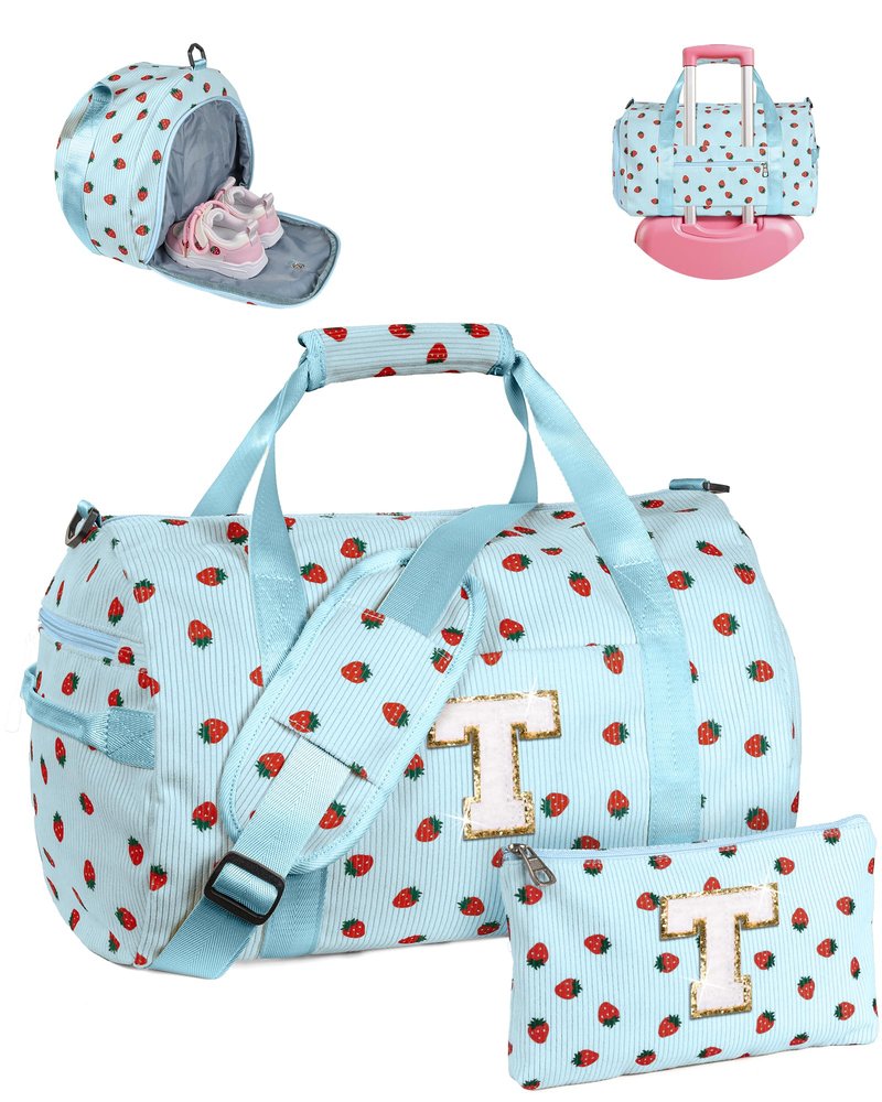 Vogewood Teen Girl Gifts Trendy Stuff, Girls Gym Bag, Kids Personalized Weekend Duffel Bags with Shoe Compartment, Initial Travel Tote with Makeup Bag, Preppy Gift for Grandkids (Letter T)