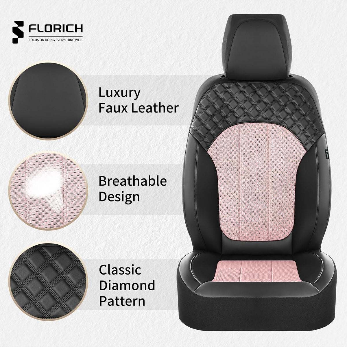FLORICH Seat Covers Front Seats Pink Seat Cover 2 Pack Leather Mesh Automotive Car Seat Cover Breathable Durable Car Interior Cover Cushion Universal Fit for Most Car SUV Sedan Truck, Black&Pink