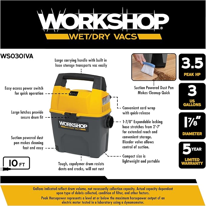 WORKSHOP Wet/Dry Vacs Shop Vacuum WS0301VA 3-Gallon 3.5 Peak HP Portable Wet Dry Vacuum Cleaner with Built-in Dust Pan, Filter, Dust Bag, Expandable Hose, and Attachments for Home and Car Cleaning