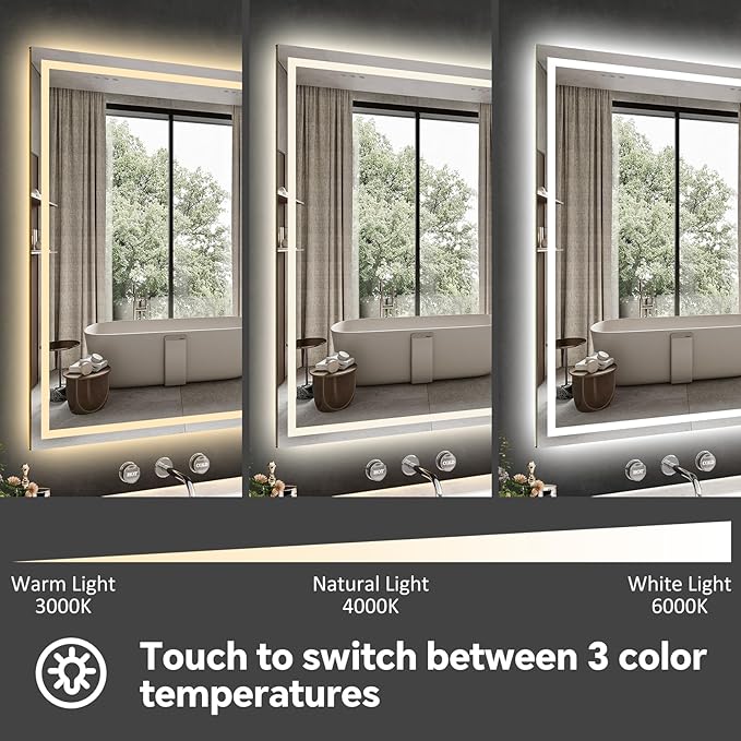 LED Bathroom Mirror 36x60 Inch Anti-Fog Bathroom Mirror with Lights, Wall Mounted Lighted Vanity Mirrors, Dimmable, Backlit + Front Lit, Smart Bathroom Vanity Mirror with 3 Colors Temperature