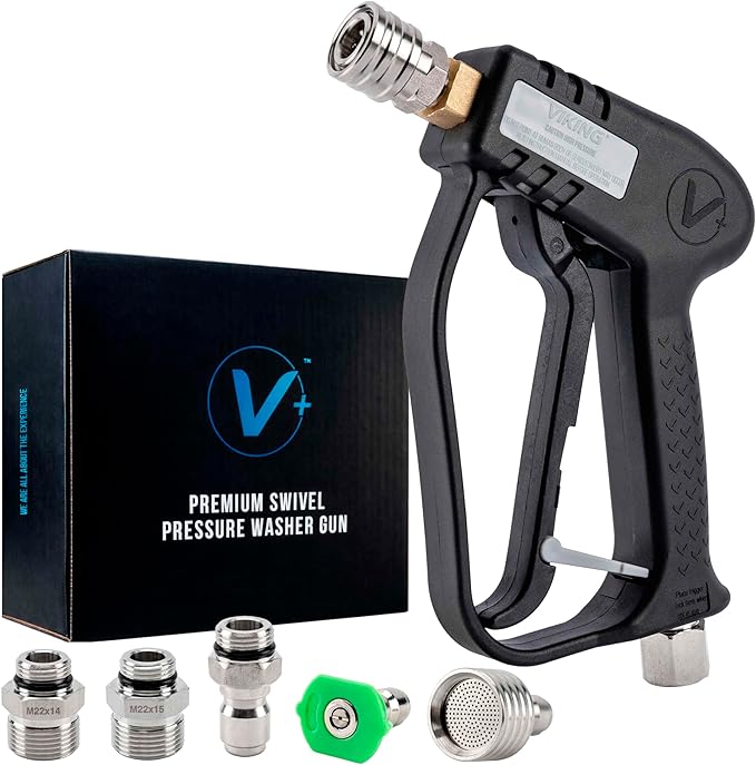 VIKING Premium Swivel Pressure Washer Gun, Short Handle with ¼” Quick Connect for a Gas or Electric Pressure Washer, Includes 3 Adapters and 2 Nozzles for Car Cleaning Kit
