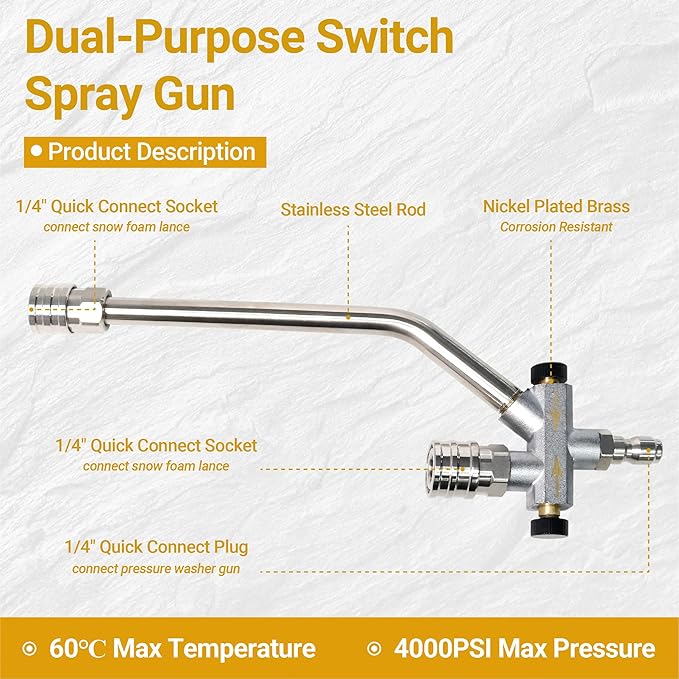 Foam Cannon Dual-Purpose Switch Spray Gun, Foam Cannon Adapter, Connector Accessory, 1/4 Inch Quick Connector, with 7 Nozzle Tips