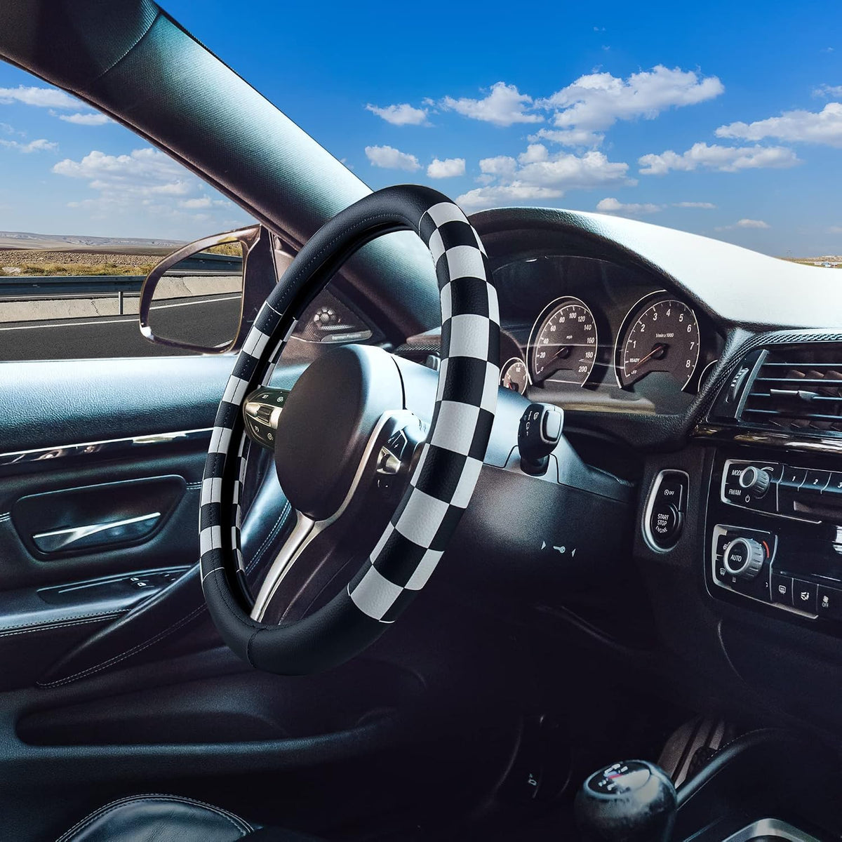 Evankin Lattice Leather Steering Checker Wheel Cover, Black and White