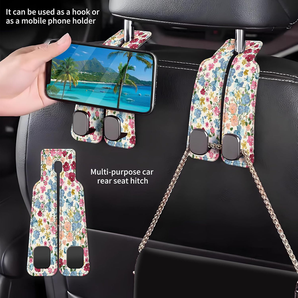 Car Seat Back Storage Headrest Hook, Premium Leather Double Metal Hook, Hanger Storage Organizer for Purse Cloth Bag, Car Interior Accessories Colorful Boho Flowers