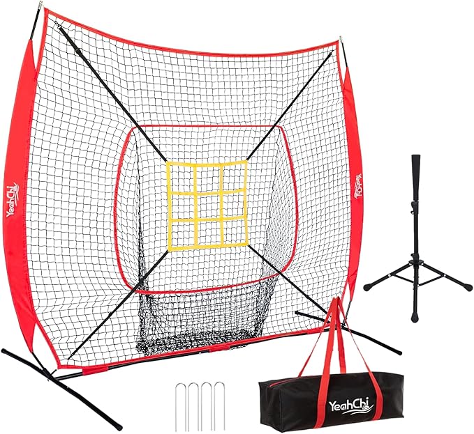 7×7FT Baseball Net with Batting Tee and Strike Zone Target, Portable Hitting Pitching Batting Training Net, Baseball and Softball Training Equipment,Suitable for All Skilled Levels