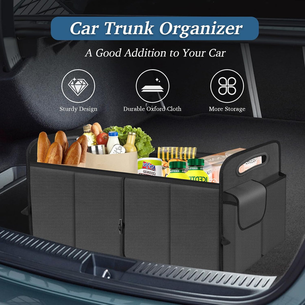 Trunk Organizer, Collapsible Waterproof Multi-Compartment Trunk Organizer for SUVs & Sedans, Car Storage with Reinforced Handles, Car Accessories for Women and Men, 52L