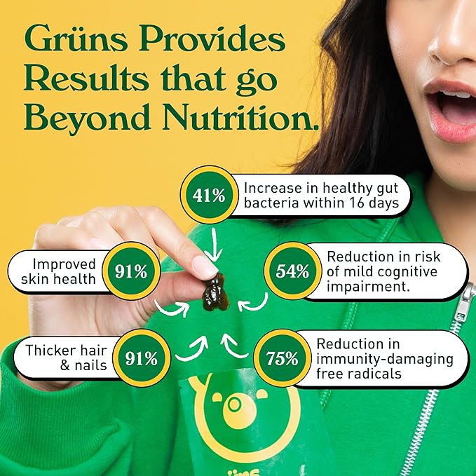 Gruns Adults Super Greens Gummies, Superfood Gummy Bears with Spirulina, Chlorella, Prebiotics & Fiber for Digestive Health, Adaptogens Supplement with 20 Vitamins & Minerals, Low Sugar, 28 Packets