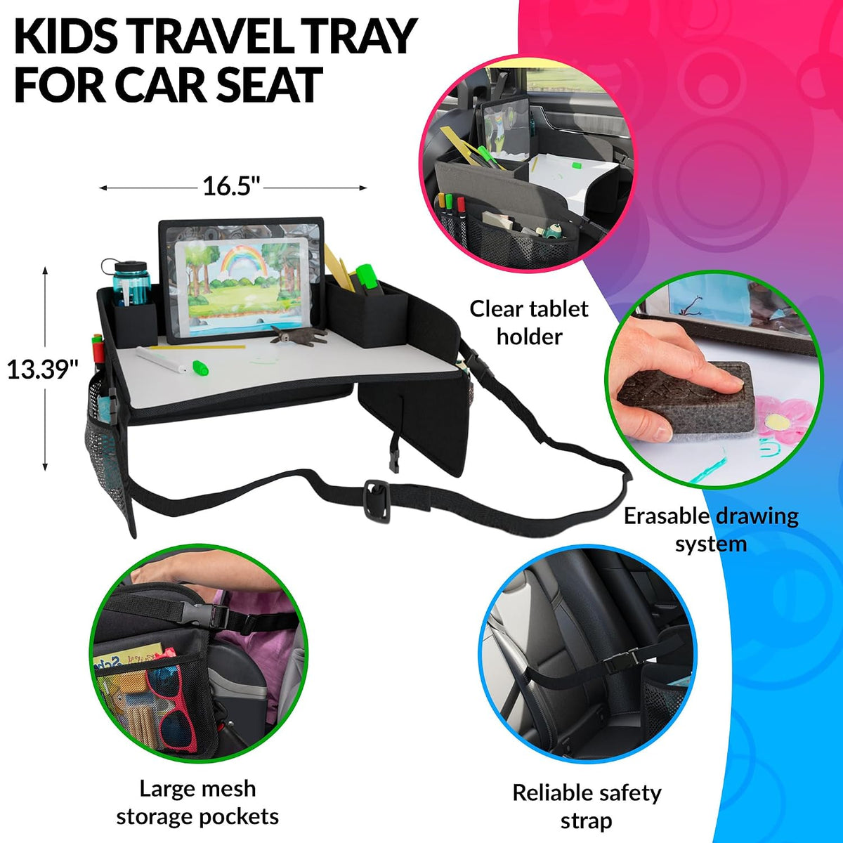 Kids Travel Tray for Kids Car Seat. Toddler Car Seat Tray Table with 6 Compartments and Tablet Stand. Foldable Toddler Table for Travel. Folding Portable Desk. Compact Road Trip Essentials