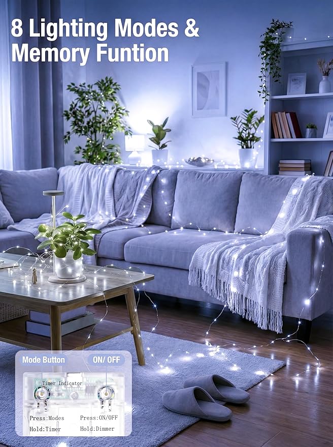 btfarm Fairy Lights Battery Operated with Timer 8 Modes, 16.4 FT 50 LED Silver Wire Twinkle String Lights Battery Powered Dimmable Waterproof for Indoor Home Party Wedding Christmas Decor, Cool White