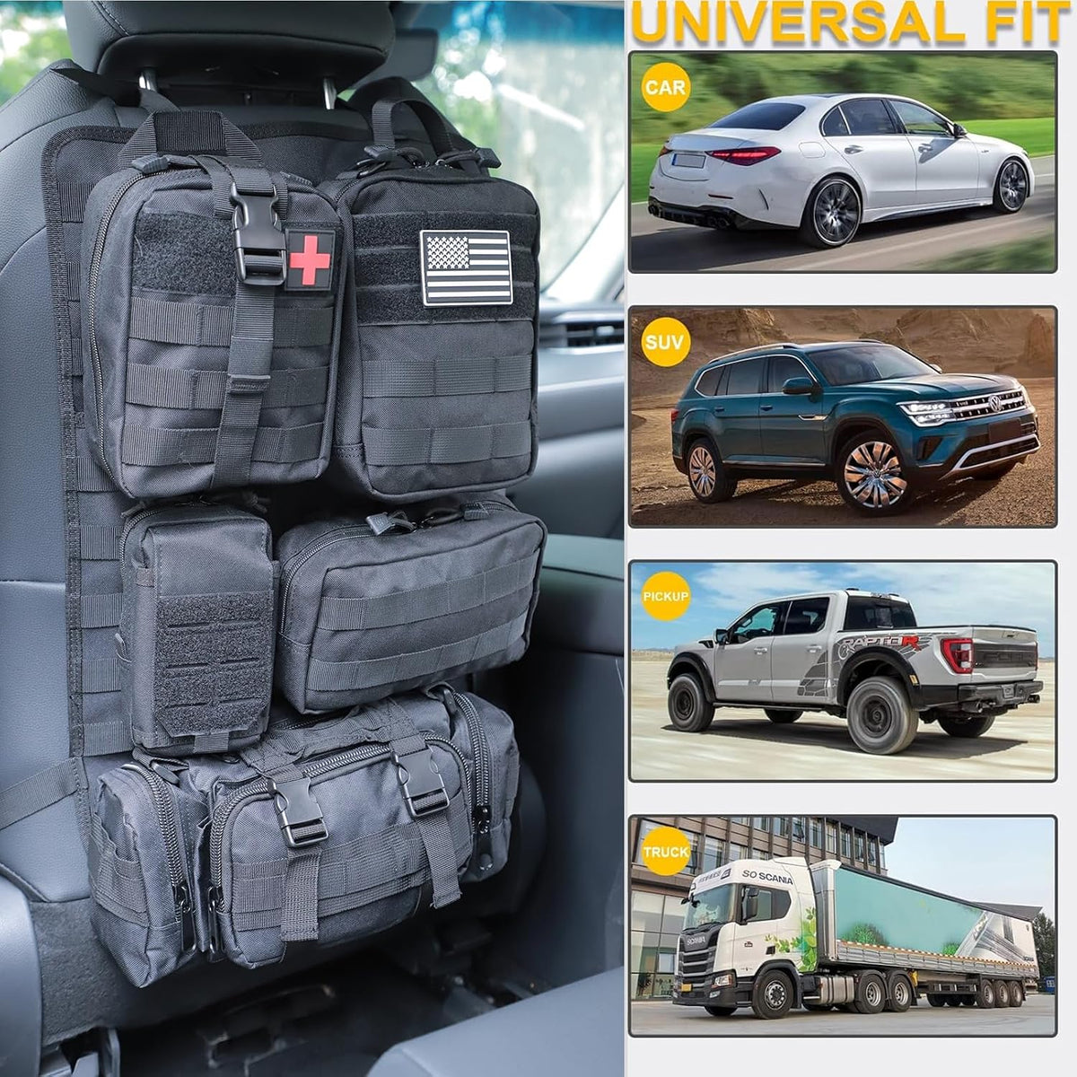 Jimikay Tactical Car Seat Back Organizer Hanger Bag with 5 Detachable Molle Pouch Vehicle Molle Panel Organizer Storage Bag Universal for for most car models (Black)