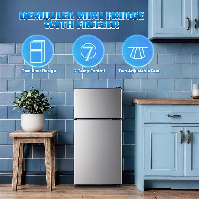 Mini Fridge with Separate Freezer Compartment Double Door Small Refrigerator with 7 Adjustable Temp Control Ideal for One Person Use & Dorm Apartment Office Silver