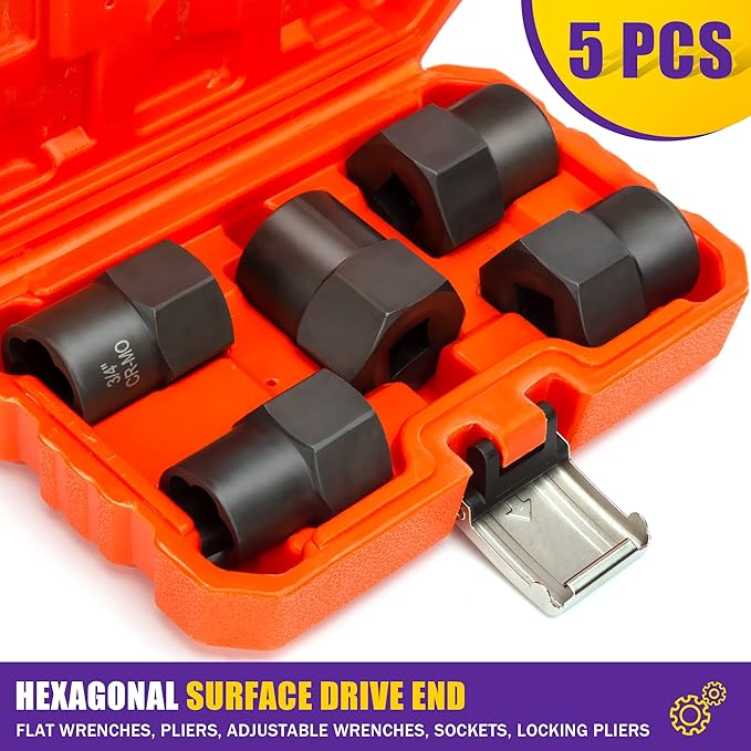 5PCS Bolt Extractor Kit Heavy Duty, 1/2" Drive Impact Lug Nut Remover Tool, Nut Extractor Set Large Size 19-25mm For Removing Stripped, Damaged, Rounded off and Rusted Bolts, Studs