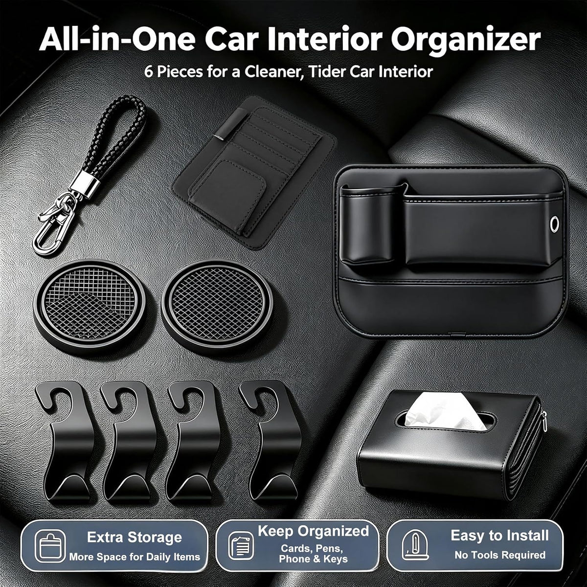 10 PCS Car Interior Organizer Accessories Set, Car Storage Kit with Seat Gap Organizer, Tissue Holder, Sun Visor Card Clip, Headrest Hooks, Cup Coasters & Keychain for Cars, SUVs (10-Pcs)