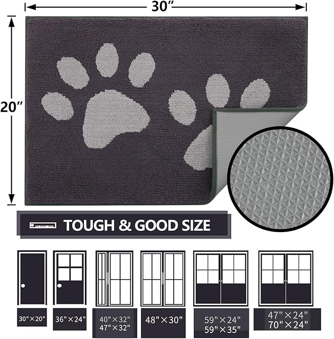 Buganda Dog Door Mat for Muddy Paws, Absorbent Dirt Trapper Washable Indoor Doormats, Non Slip Low-Profile Mud Mat for Dogs, Front Entrance Doormat for Inside Floor (36x24 Inches, Dark Grey)