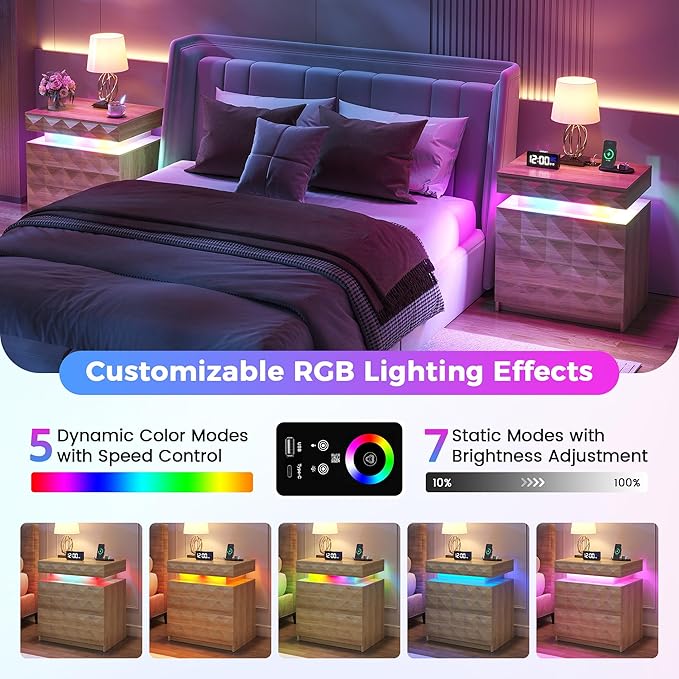LED Nightstand Set of 2 with Charging Station,3 Drawers Night Stand with Lockable Hidden Storage,Smart Bedside Table with Human Sensor RGB Lights for Bedroom,Wood