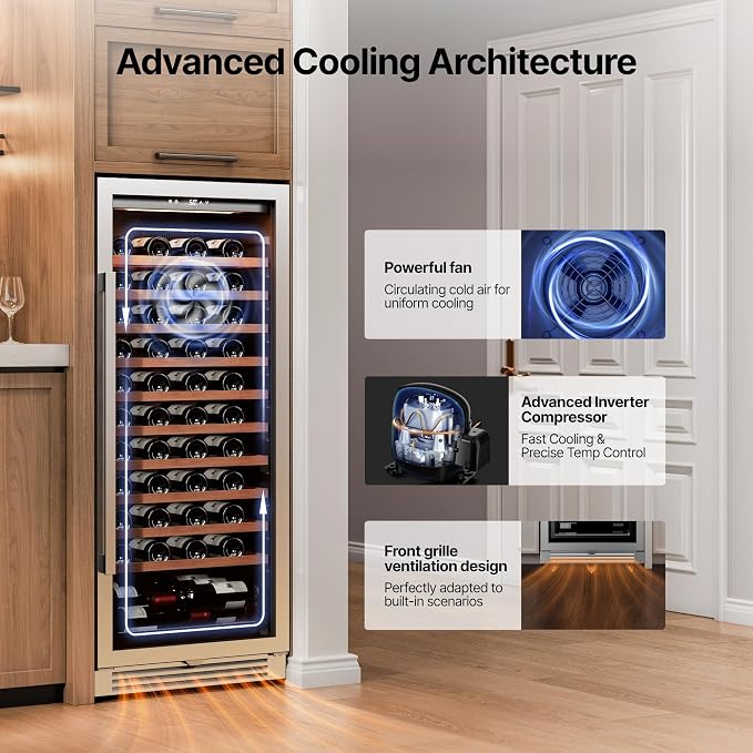 Ca'Lefort 24 Inch Wine Fridge, 90 Bottle Built-In Wine Cooler | 55-Inch Tall Wine Cellar, Quiet Inverter Compressor, Precise 40-65°F Temperature Control, Glide-Out Shelves & Storage Drawer