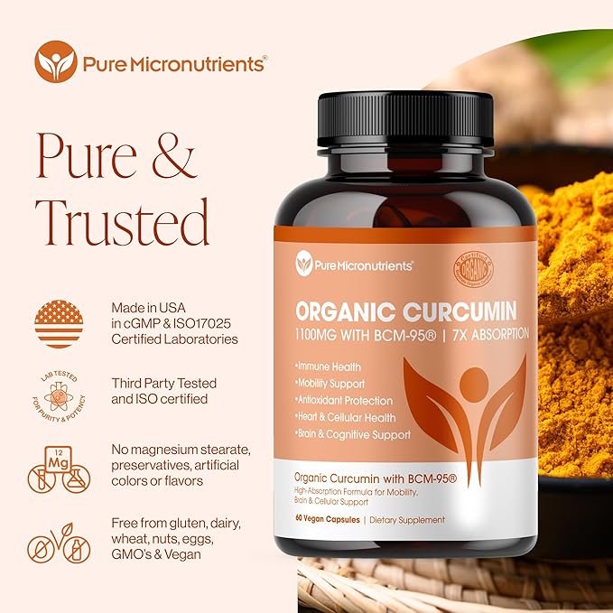 Organic Turmeric Curcumin with Black Pepper & BCM-95 - for Inflammatory Support, Brain & Immune Health - 60 Vegan Turmeric Capsules, 1000mg Per Serve - Herbal Curcumin Supplements