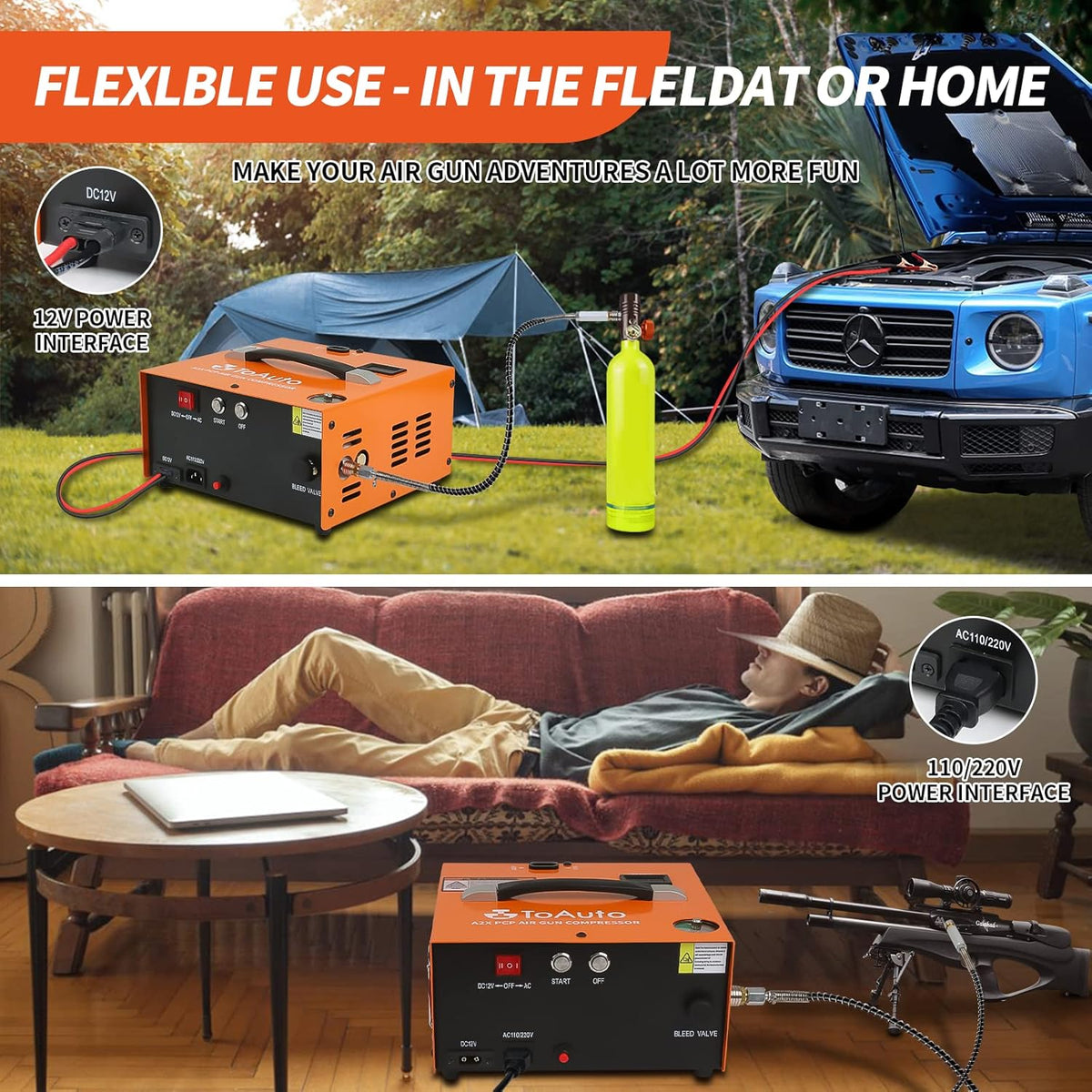 TOAUTO A2X PCP Air Compressor - Portable 4500Psi Auto-Stop Design for Paintball & Scuba Tanks