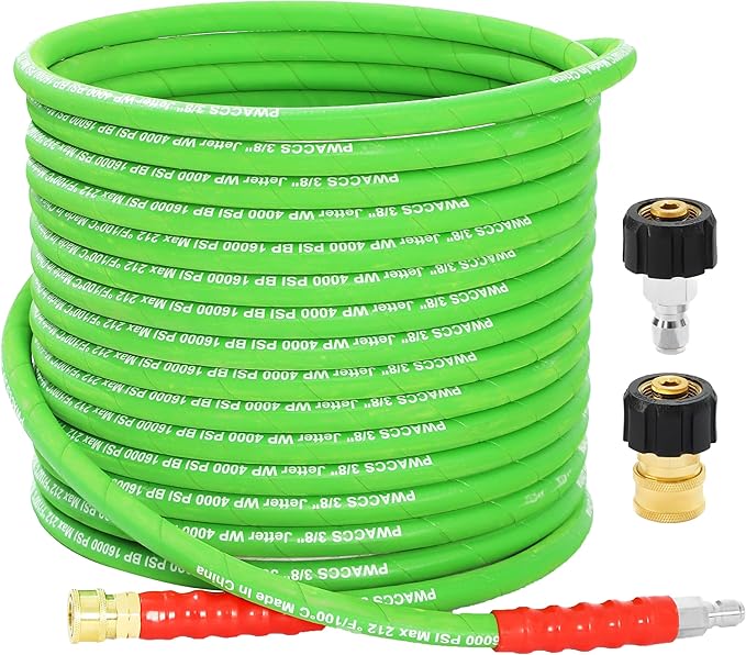 PWACCS Pressure Washer Hose 50 FT, 3/8" Kink Resistant Power Washer Hose Steel Braided Quick Connect with M22 14 Fittings for Cold/Hot Water, 4000 PSI