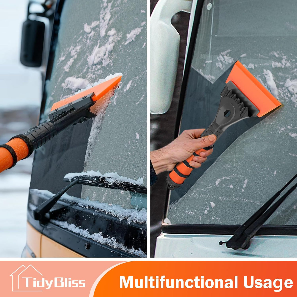 TidyBliss Ice Scraper for Car Windshield, 5 inches Wide TPU Blade, Frost Remover with Ergonomic Foam Grip for SUV Truck Glass Window (Orange)