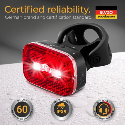 LICHTMEISTER® Bike Tail Light with Reflector and Intelligent Brake Light Function – Rear Bike Light LED – Bicycle Tail Light