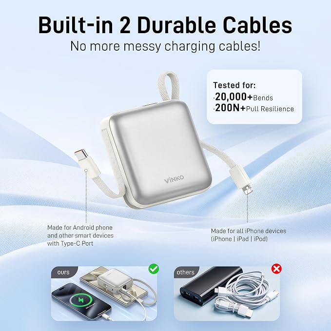 VINKO Small Portable Charger, 22.5W Fast Charging Mini Power Bank 10000mAh with Built-in Cables, Travel Essential USB-C Battery Pack Compatible with iPhone 17/16/15, Samsung S25/24, Android (White)
