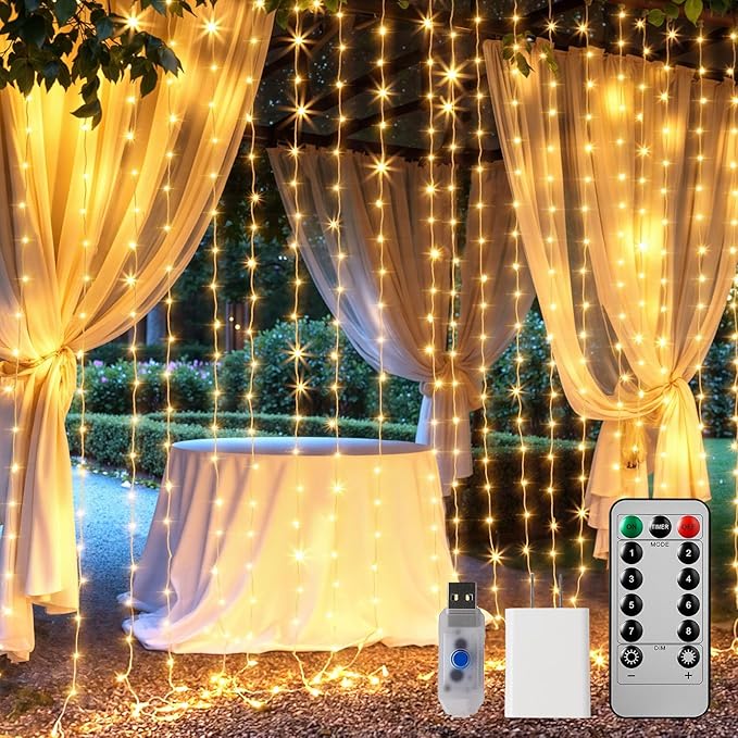 Brightown 300 LED Curtain Lights, 9.8 FT Plug in Fairy Lights for Bedroom, 8 Lighting Modes, Christmas String Lights for Window Wall Wedding Party Birthday Christmas Decorations, Warm White