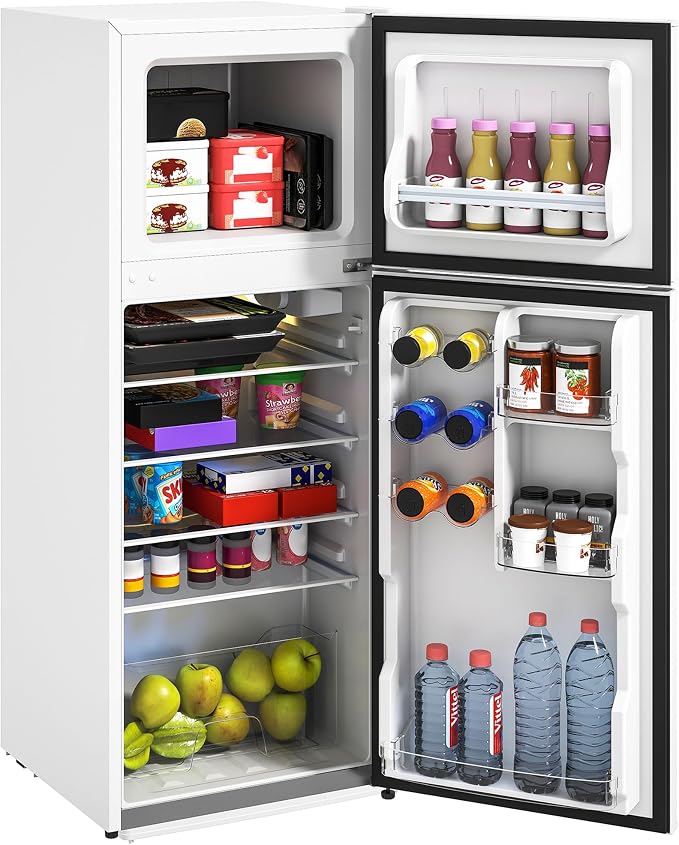 HOMCOM 4 Cu.Ft Mini Fridge with Freezer Double Reversible White | Compact Refrigerator, Adjustable Thermostat, Shelf, for Bedroom Dorm Home Office, Energy Efficient