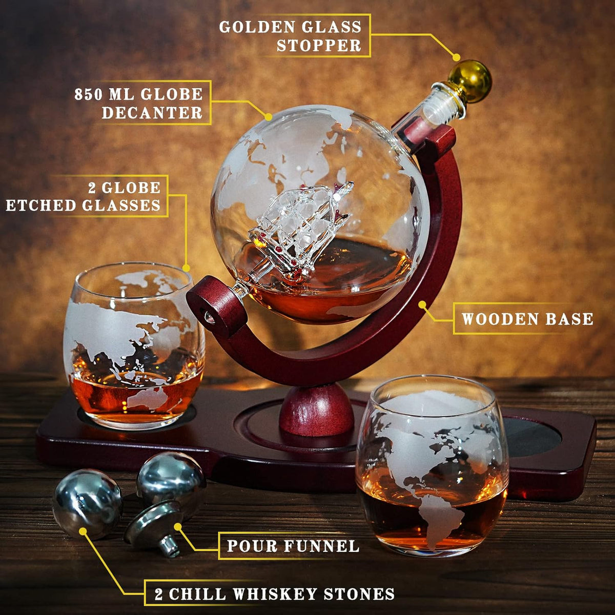 PONPUR Whiskey Decanter Globe Set - Includes 2 Glasses & 2 Ball Stones | Perfect Gift for Men, Dads & Husbands
