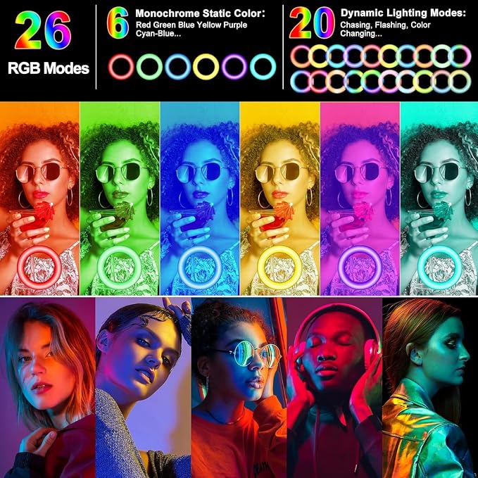 10.3" Selfie Ring Light with Stand and Phone Holder, 96 RGB Lighting Modes