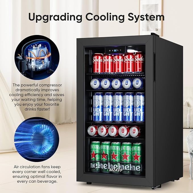 120 Cans Beverage Refrigerator Freestanding, Small Beverage Cooler with Glass Door, Mini Drink Fridge for Beer Soda, 3.0 Cu.Ft for Office, Home, Bar, White LED Light & Reversible Door - Black